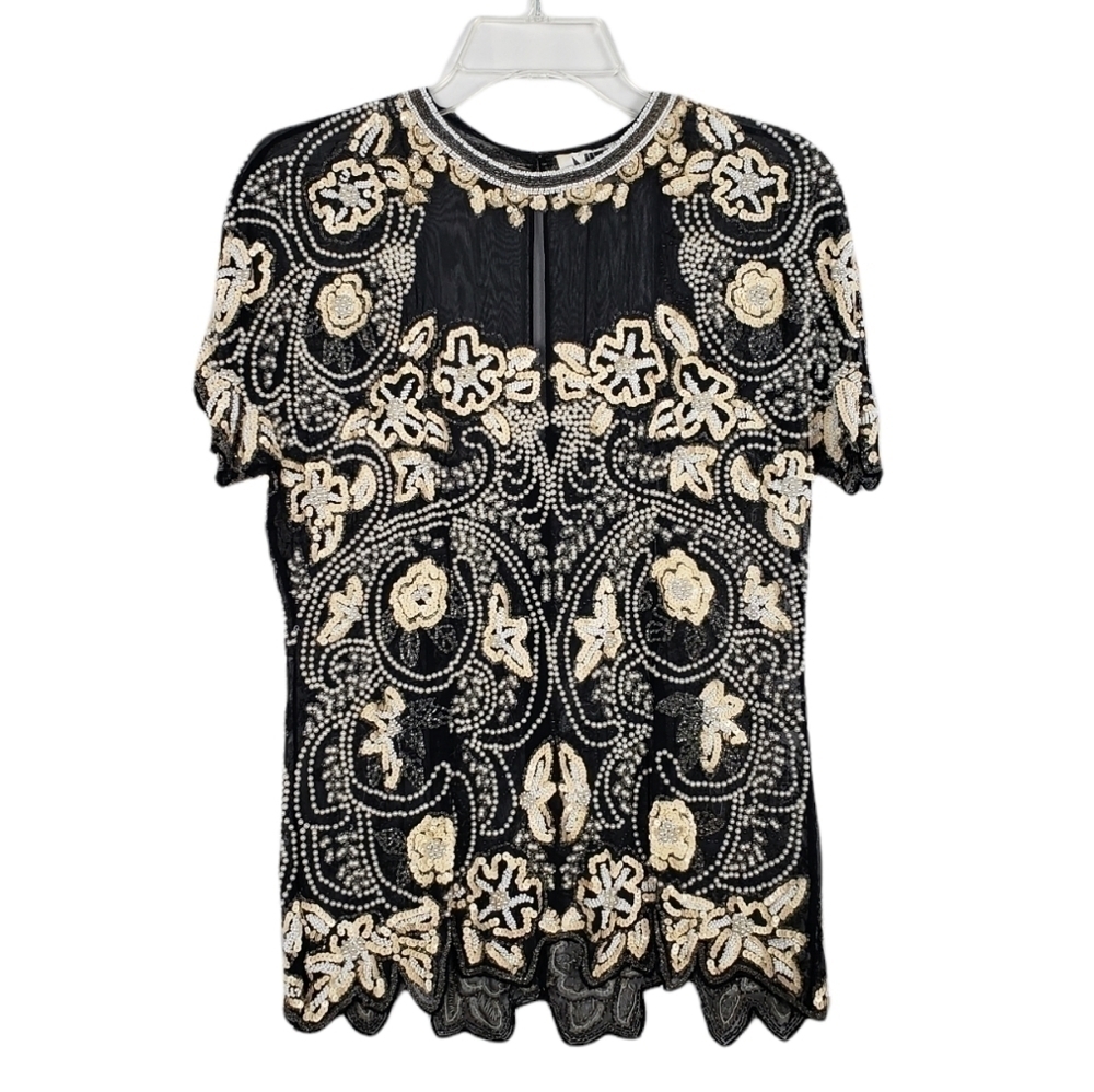 VINTAGE Niteline beaded evening top blouse sequin faux pearl holiday